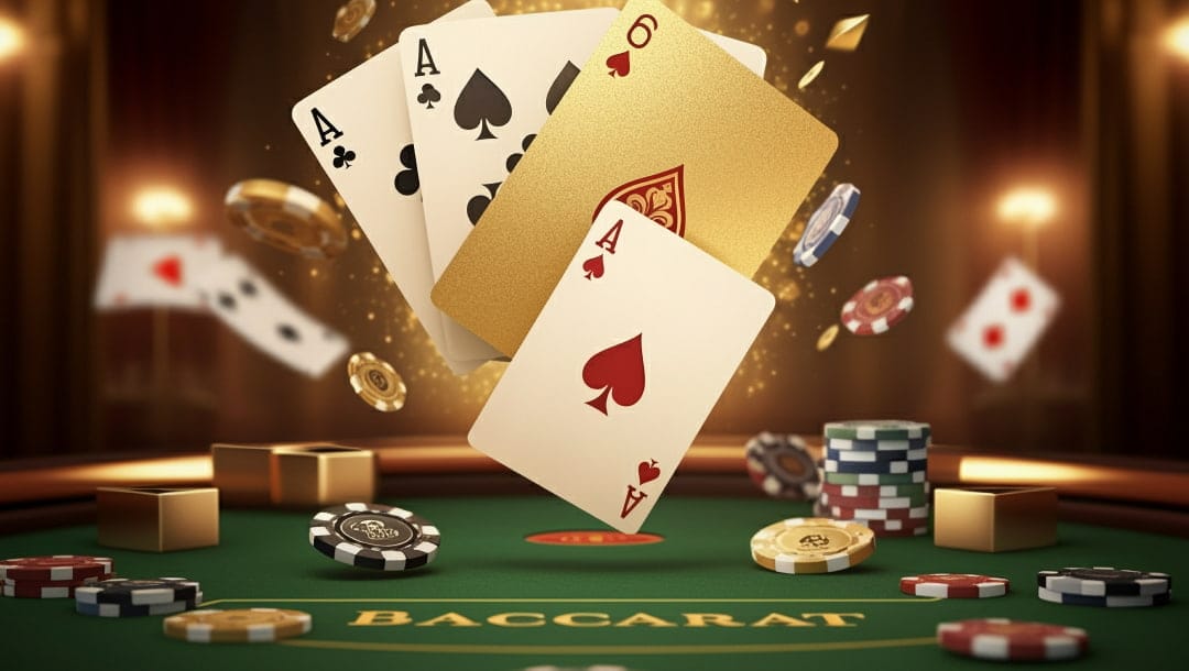 A dynamic scene of playing cards and casino chips, depicting a game of baccarat on a green felt table.