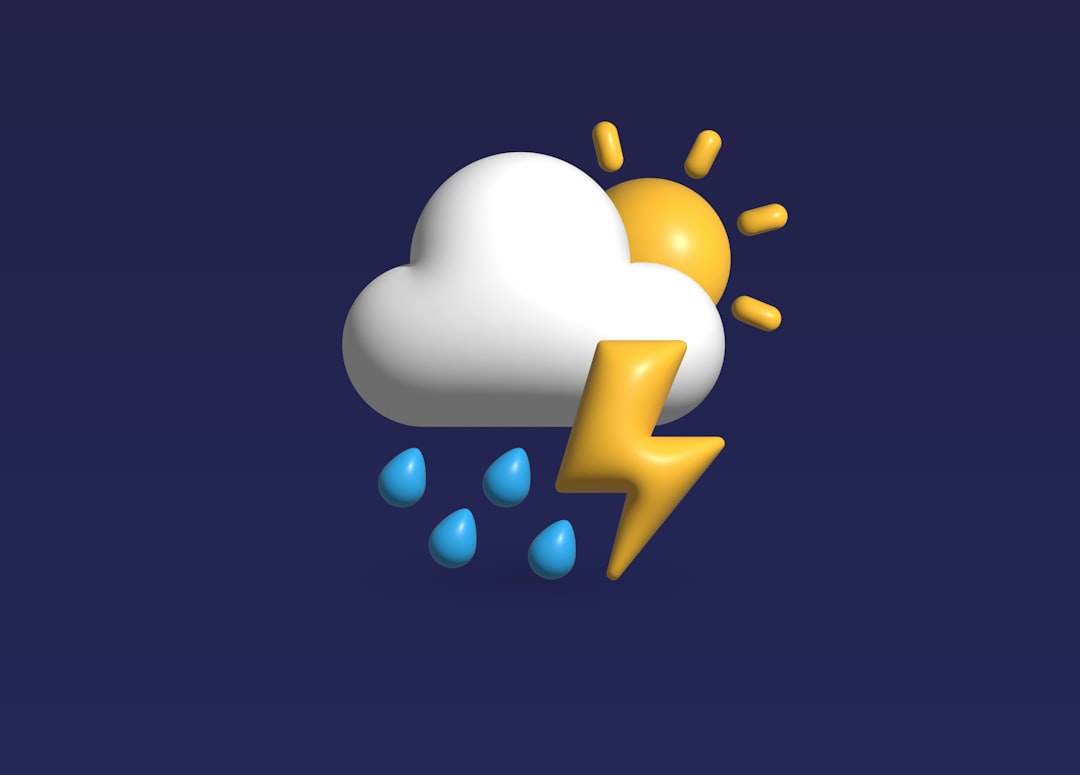 3D illustration of a cloud with rain, lightning, and sun