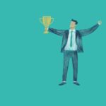 Illustration of a businessman in a suit holding a trophy against a plain background.
