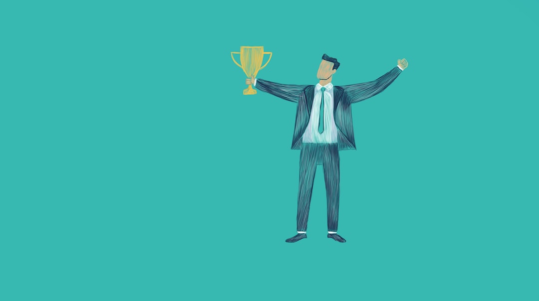 Illustration of a businessman in a suit holding a trophy against a plain background.