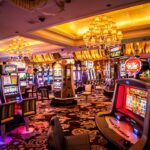 Interior view of a brightly lit casino floor with slot machines and elegant decor