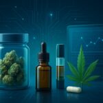 Various cannabis products including flower, oil, and capsules arranged against a tech-inspired background with digital e