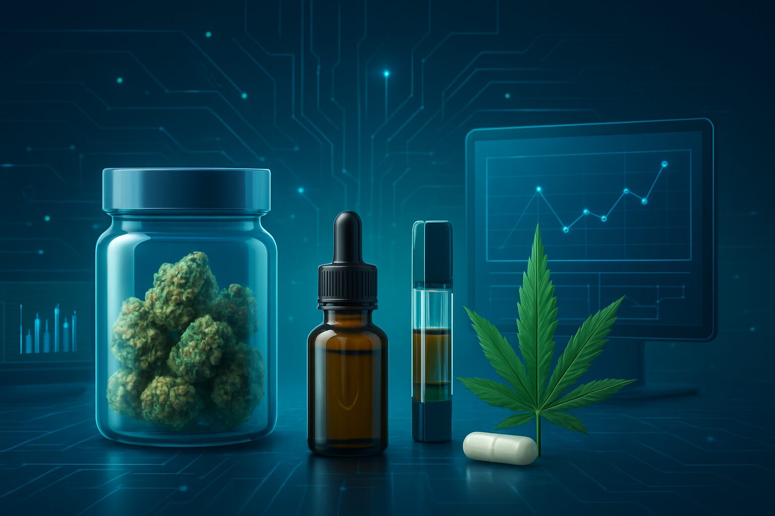 Various cannabis products including flower, oil, and capsules arranged against a tech-inspired background with digital e