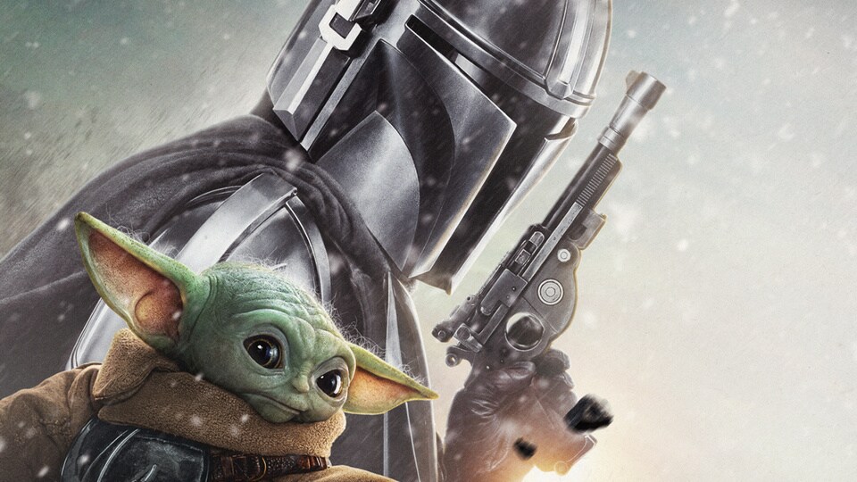 A fictional character in armor holding a weapon next to a small green creature in a snowy landscape.