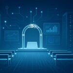 A digital representation of a wedding setting featuring an arch and empty chairs, surrounded by abstract data visuals an