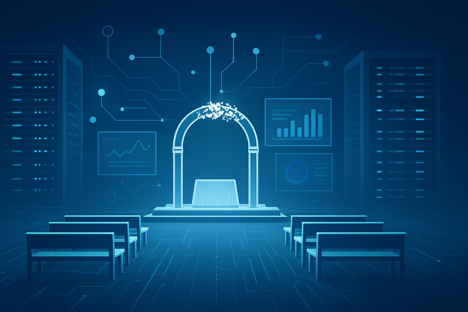 A digital representation of a wedding setting featuring an arch and empty chairs, surrounded by abstract data visuals an