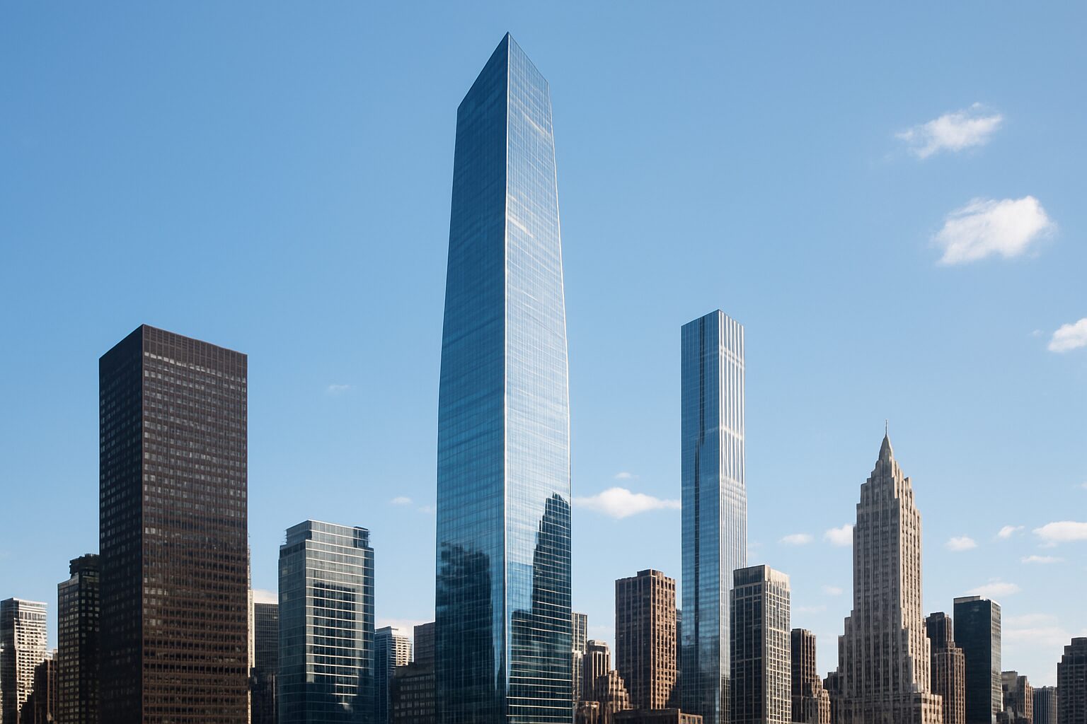 A skyline featuring modern skyscrapers against a clear blue sky